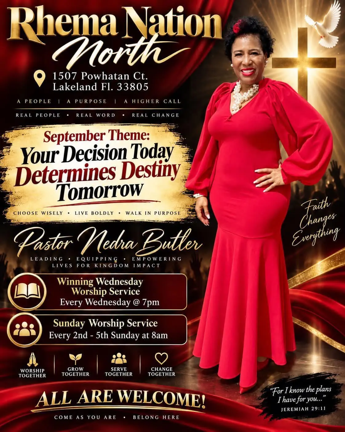 The Rhema Nation North flyer: gold script lettering over a deep red ground, with a photograph of the campus pastor in a red dress above two service announcement panels.