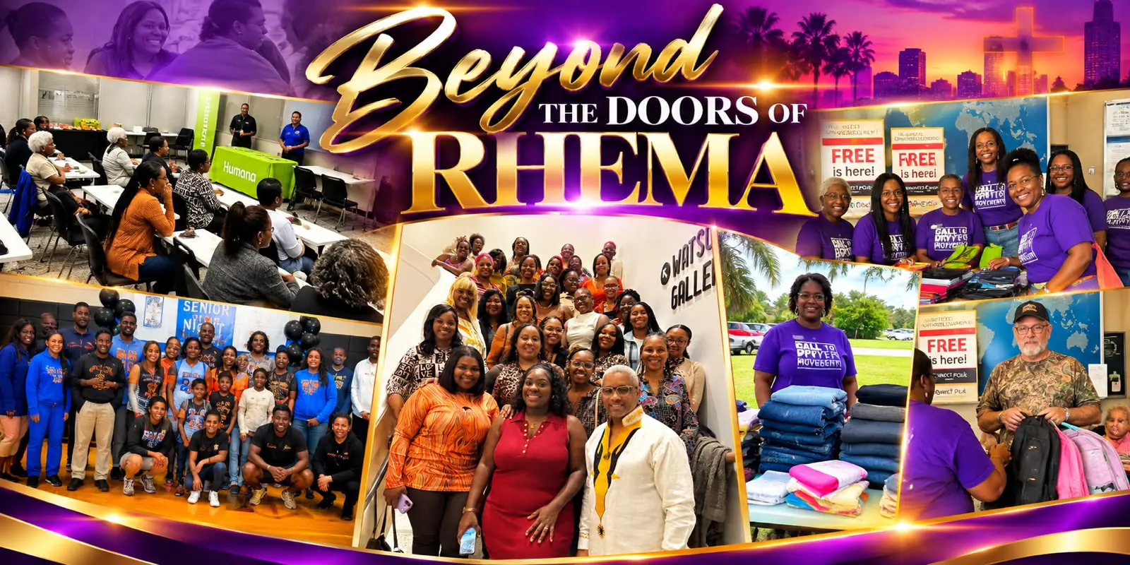 Beyond the Doors of Rhema: a collage of the church's outreach, showing a community health talk, a youth group, a large group of women at a gallery, and volunteers in purple shirts giving away clothes and backpacks.