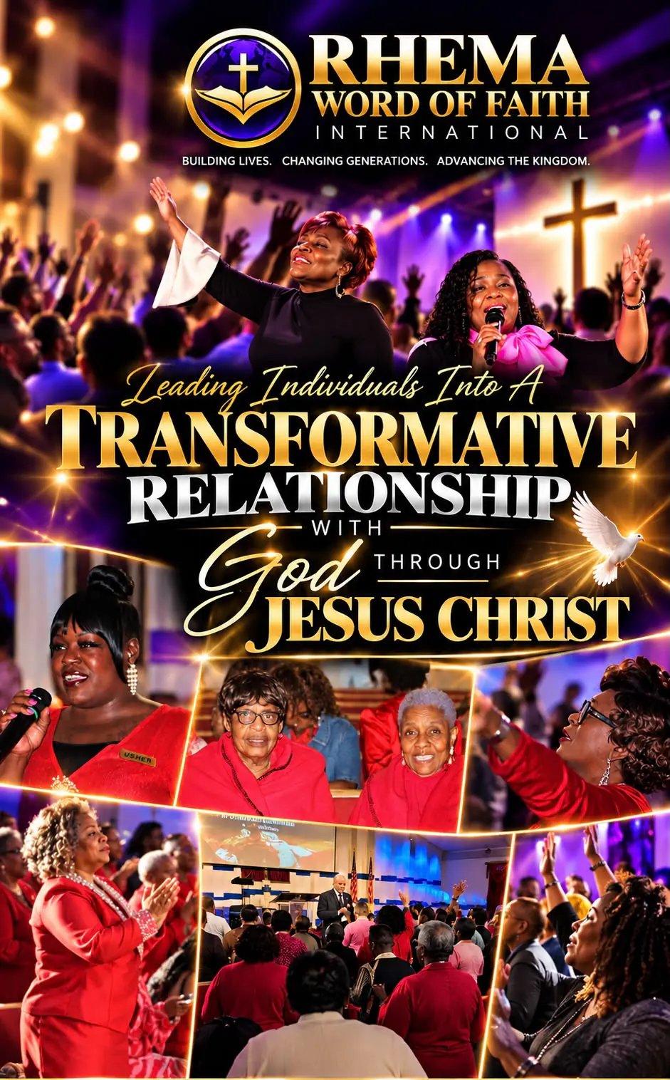 Rhema Word of Faith International poster: Leading individuals into a transformative relationship with God through Jesus Christ, with photographs of the congregation in worship.