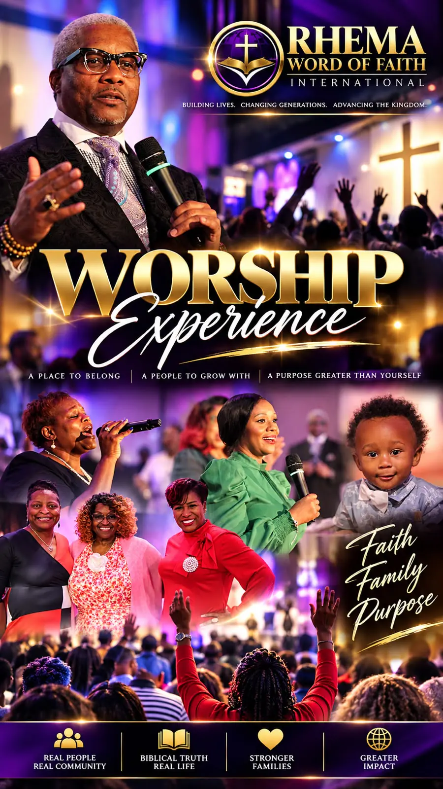 Rhema Word of Faith International's Worship Experience poster: the pastor preaching, singers and members of the congregation in worship, with the words Faith, Family, Purpose.
