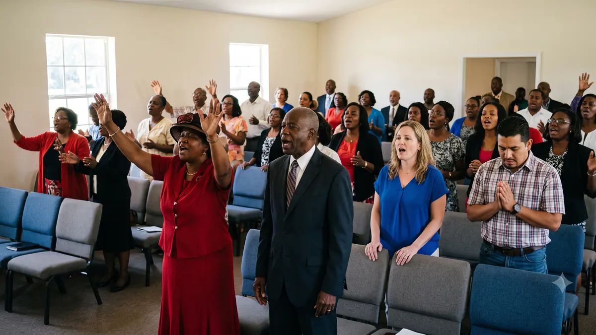 The congregation standing and singing during the eleven o'clock service, some with hands raised.