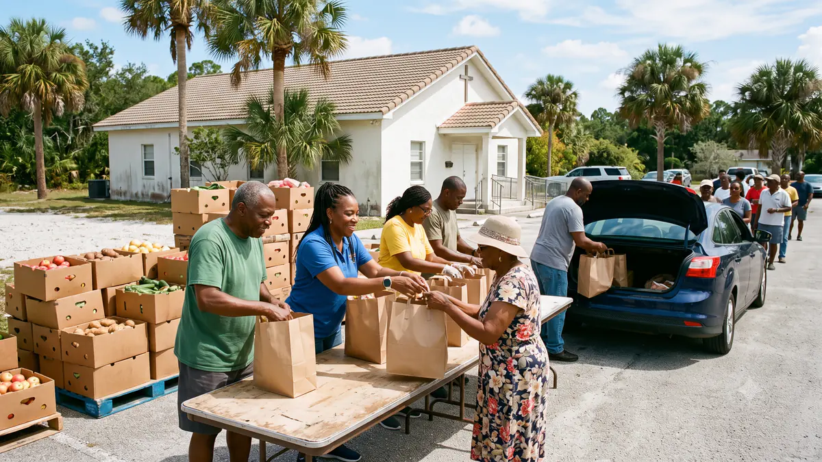 Volunteers handing out paper grocery bags at a folding table outside the church, with boxes of fresh produce stacked behind them.