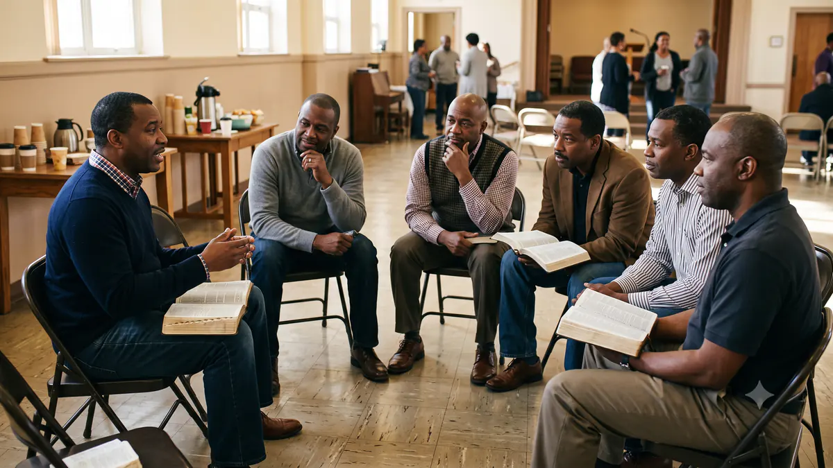 Men sitting in a circle of chairs in the fellowship hall with open Bibles on their knees, one speaking while the others listen.