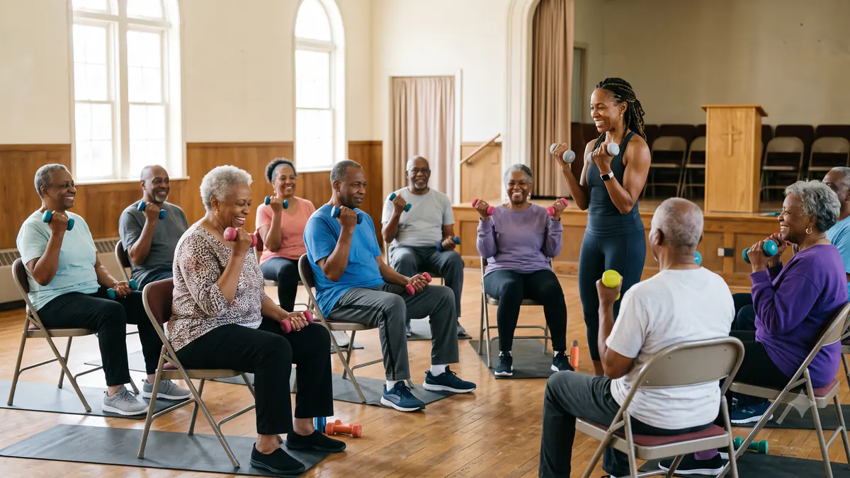 Older adults in a seated strength class in the fellowship hall, using light hand weights while an instructor demonstrates at the front.