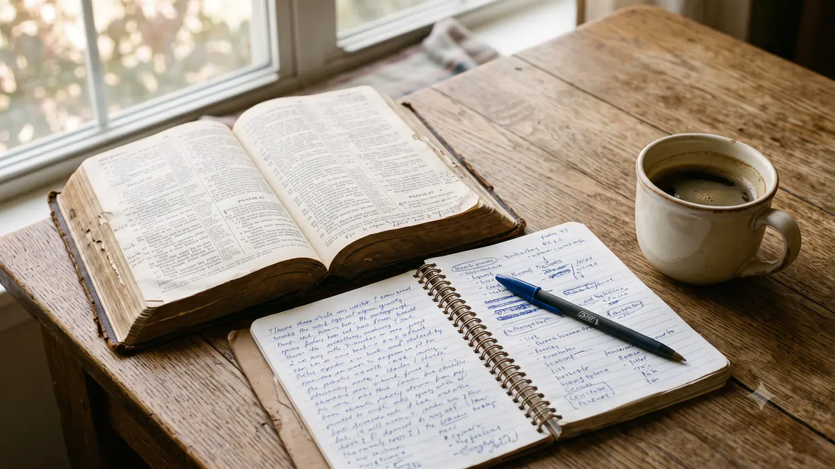An open Bible on a wooden table beside a notebook of handwritten notes, with a pen resting across the page.
