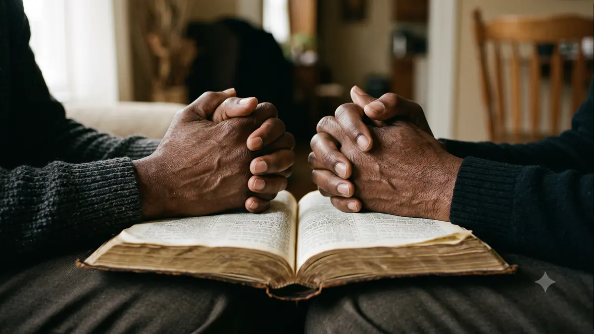 Two pairs of hands clasped together in prayer over an open Bible, lit by soft window light.