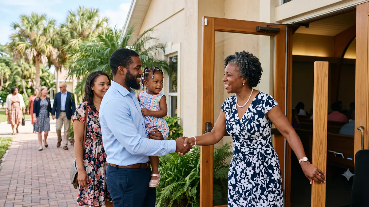 A woman in Sunday clothes welcoming a young family at the open door of the church on a bright morning.