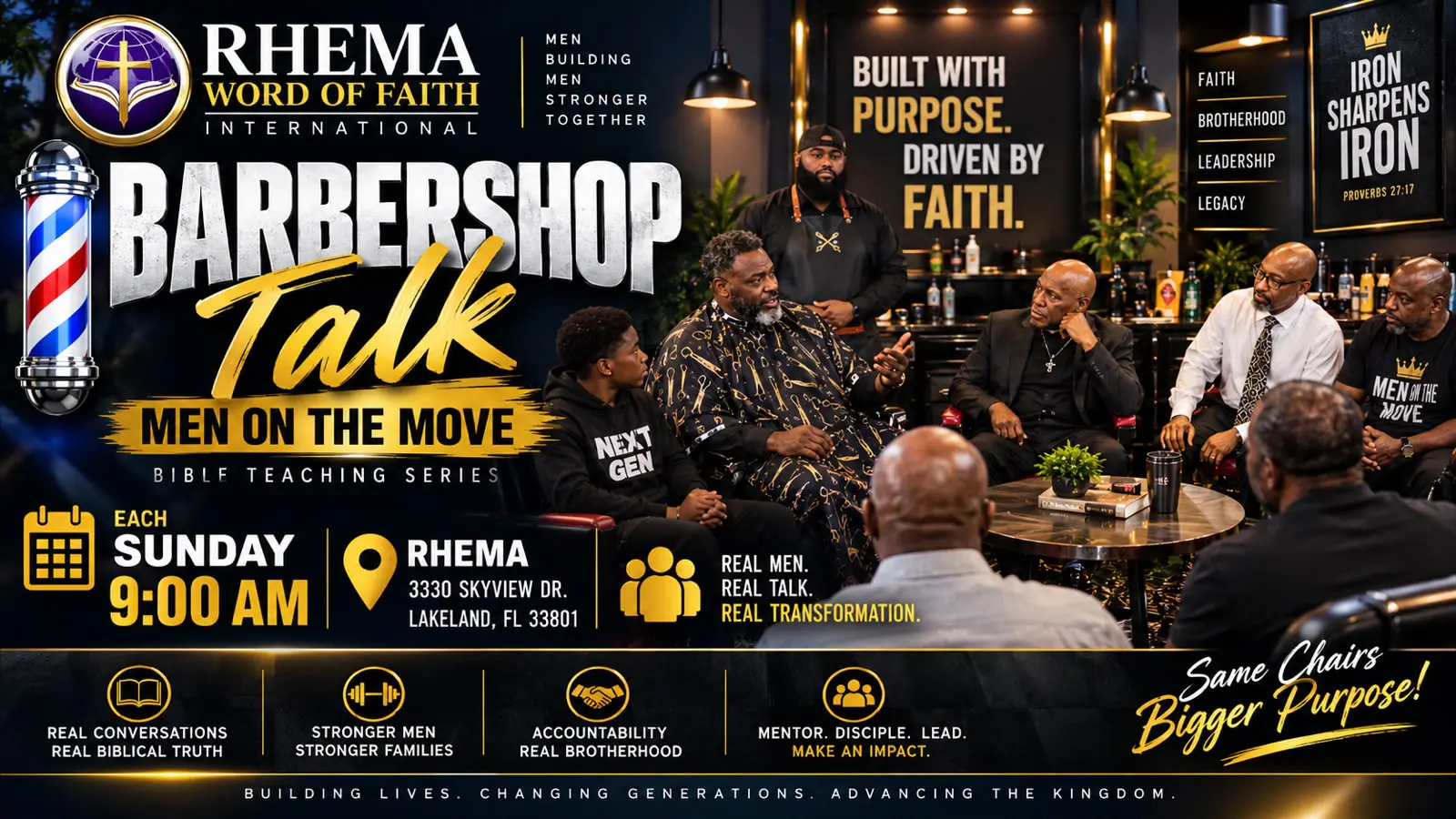 The Barbershop Talk flyer. Seven men sitting in a circle in a barbershop, a barber standing behind them, with the show name in silver and gold on the left and the Sunday 9:00 AM details beneath it.