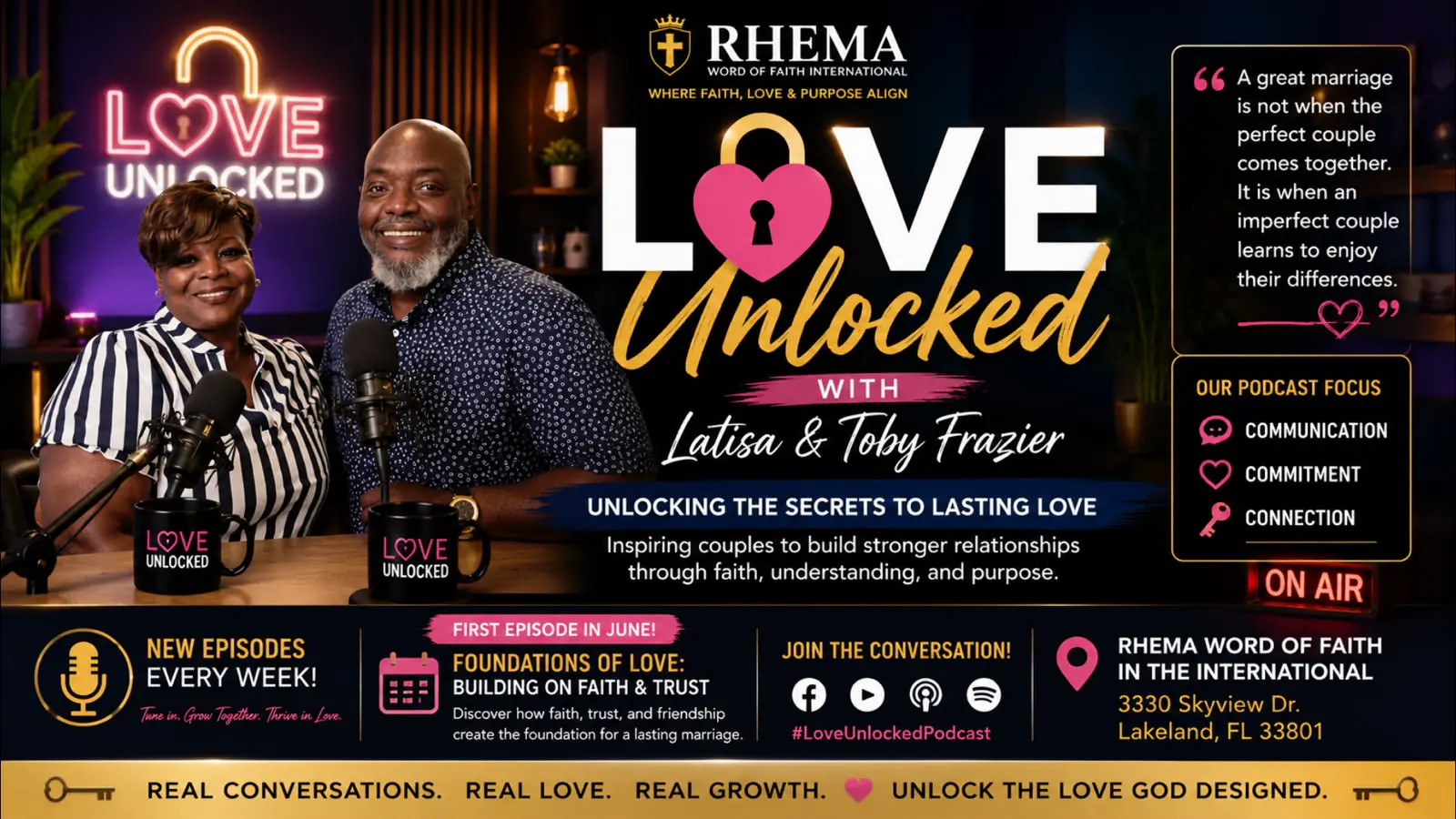 The Love Unlocked flyer. Latisa and Toby Frazier at a studio desk with microphones and branded mugs, a neon Love Unlocked sign behind them, the show name in white and gold with a pink padlock heart, and their podcast focus listed as communication, commitment and connection.
