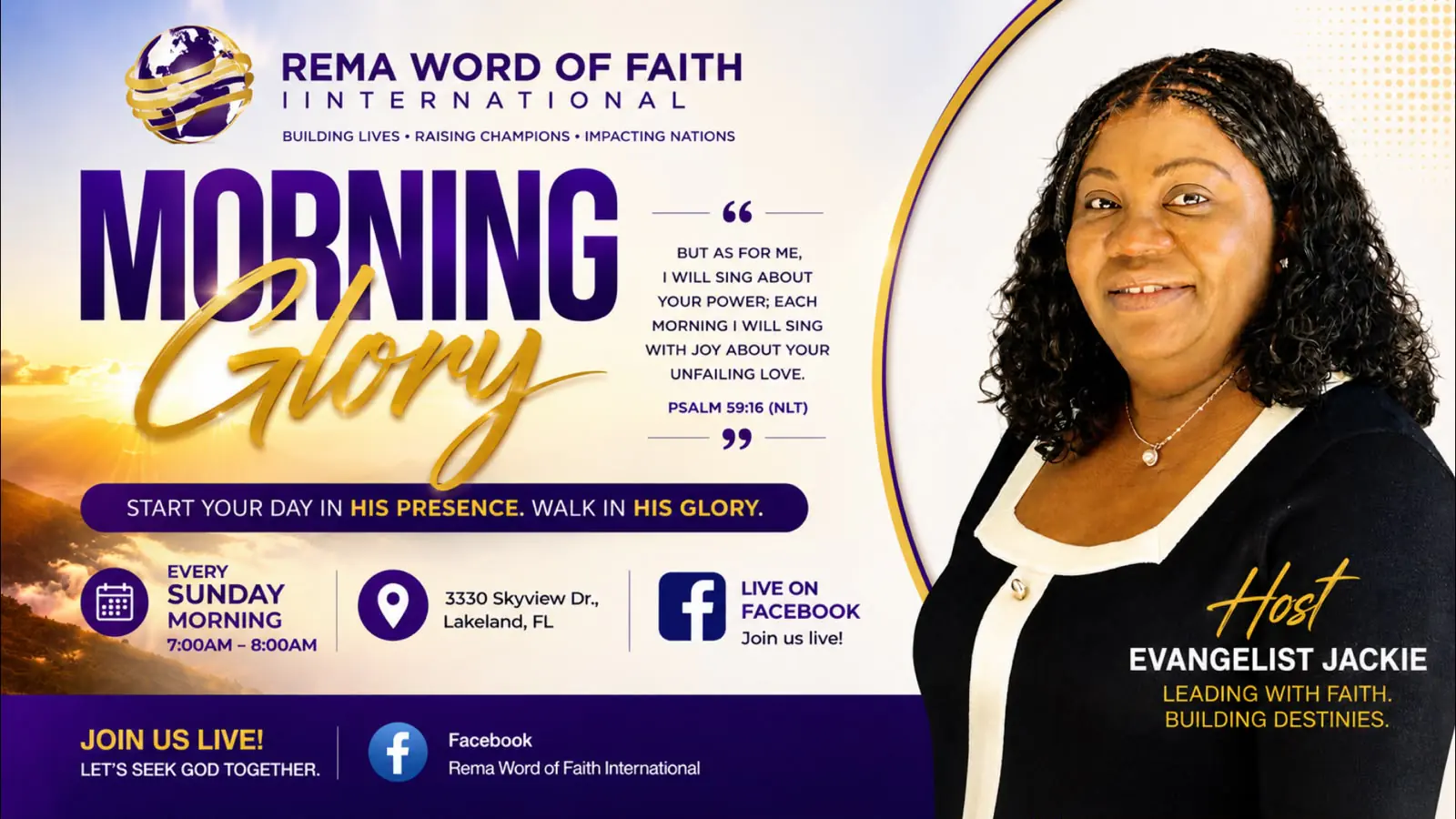 The Morning Glory flyer. Evangelist Jackie on the right against a white and purple panel, the show name set large in purple and gold over a sunrise, and the Sunday details along the foot.