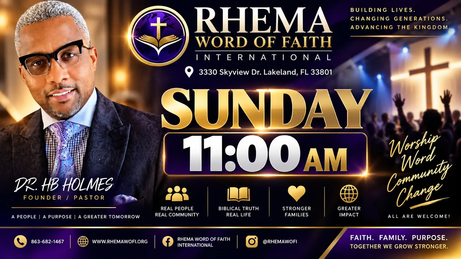 The Rhema Word of Faith International Sunday worship flyer. Purple and gold, with the church's emblem at the centre, the service time (Sunday, 11:00 AM Eastern) and address (3330 Skyview Dr, Lakeland, FL) printed along the foot, and the line 'Come as you are' set in gold script.
